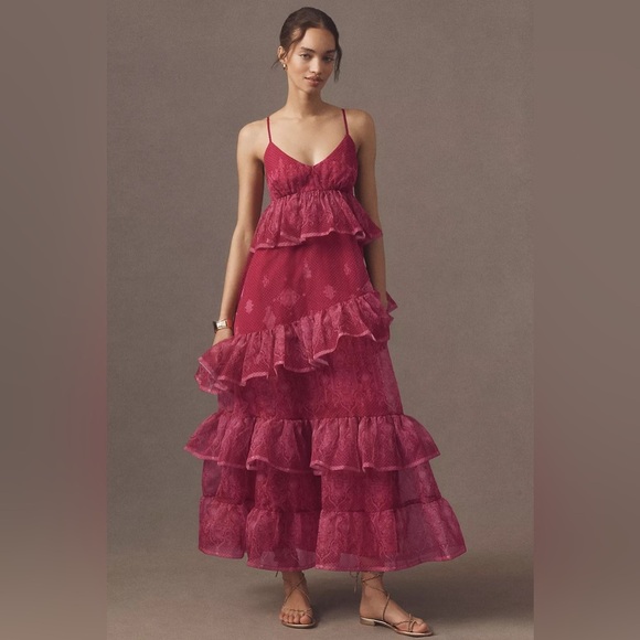 NWT Anthropologie Let Me Be Sleeveless Sheer Tiered Pink Layered Midi Dress M - Picture 1 of 14